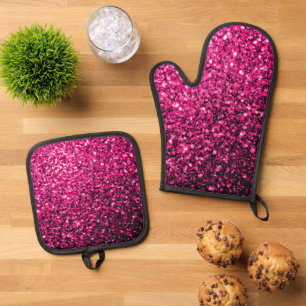 Hot pink faux glitter sparkles oven mitt & pot holder set