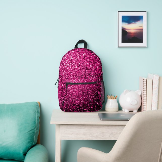 Hot pink faux glitter sparkles printed backpack (Insitu)