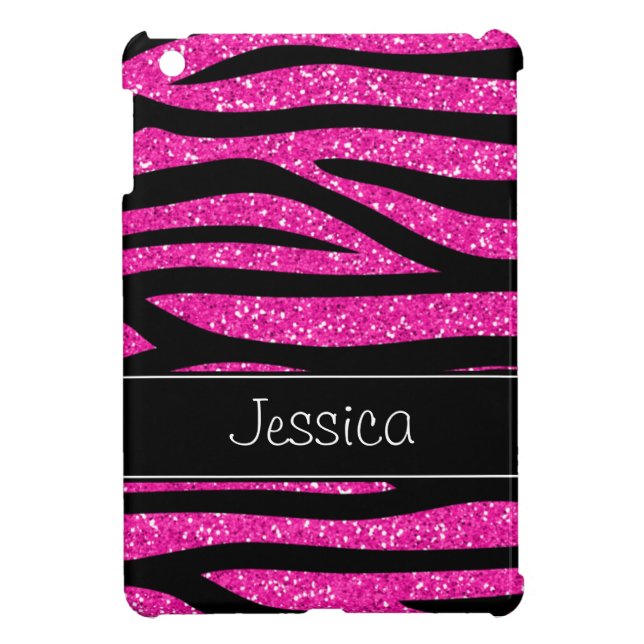 Hot Pink Faux Glitter Zebra Personalized iPad Mini Case (Back)