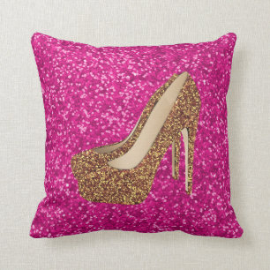Hot Pink Faux Gold Glitter High Heels Shoes Glam Throw Pillow