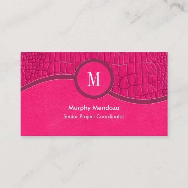 Hot Pink Faux Leather Alligator Skin Chic Monogram Business Card (Front)