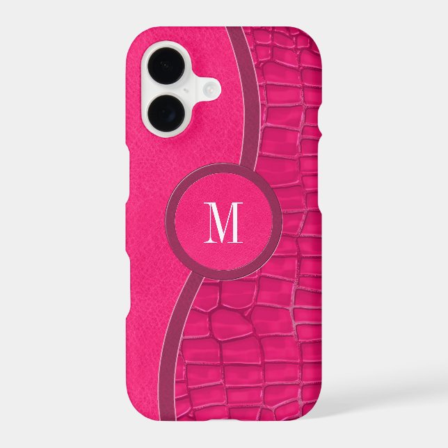 Hot Pink Faux Leather Alligator Skin Chic Monogram iPhone Case (Back)