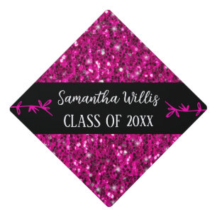 Hot pink faux sparkles Custom name Class Graduation Cap Topper