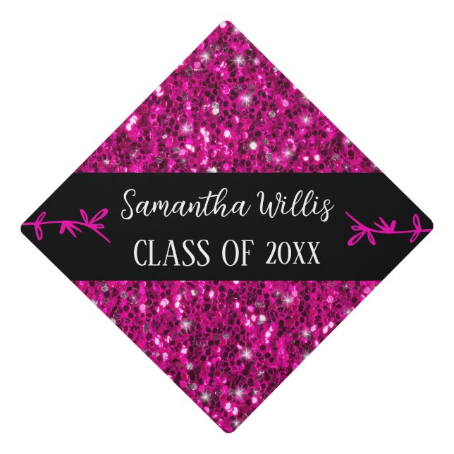 Hot pink faux sparkles Custom name Class Graduation Cap Topper (Front)