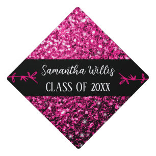 Hot pink faux sparkles Custom name Class Graduation Cap Topper