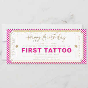 Hot Pink First Tattoo Birthday Gift Voucher Card