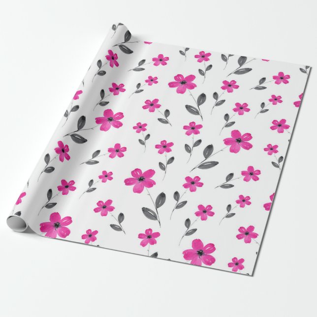 Hot Pink Five Petal Watercolor Flower Pattern Wrapping Paper (Unrolled)