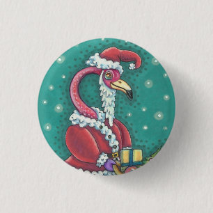 HOT PINK FLAMINGO SANTA, CHRISTMAS HOLIDAY BUTTON