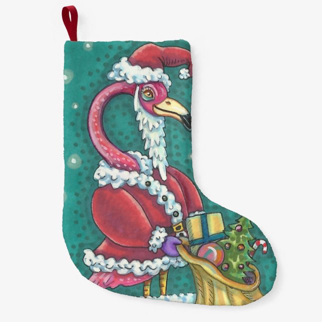 HOT PINK FLAMINGO SANTA FLEECE CHRISTMAS STOCKING (Front)