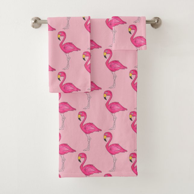 Hot Pink Flamingo Tropical Island Bird Flamingoes Bath Towel Set (Insitu)