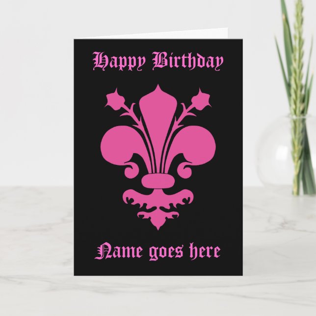 Hot pink fleur de lis symbol Happy Birthday Card (Front)