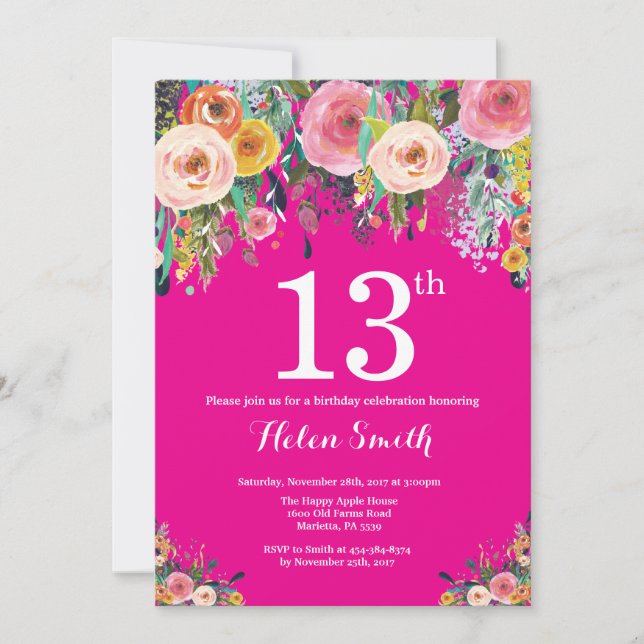 Hot Pink Floral 13th Birthday Invitation (Front)