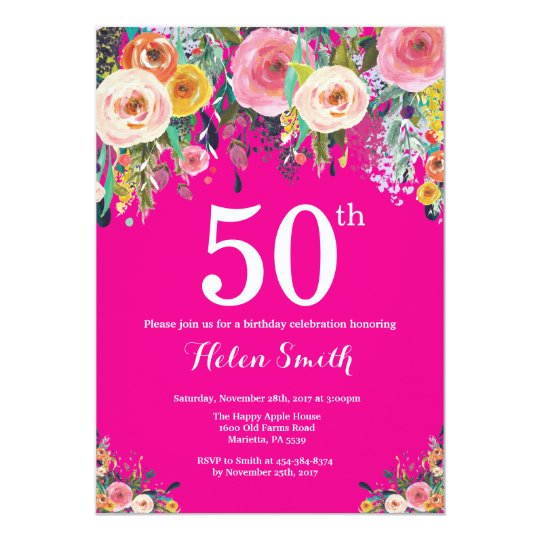 Hot Pink Floral 50th Birthday Invitation | Zazzle.ca