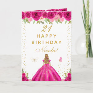 Hot Pink Floral Blonde Hair Girl Birthday Card