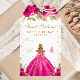 Hot Pink Floral Blonde Hair Girl Sweet Sixteen Gift Tags