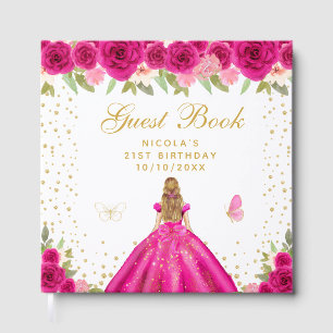 Hot Pink Floral Blonde Hair Princess Birthday Guest Book