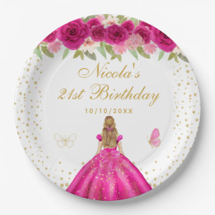 Hot Pink Floral Blonde Hair Princess Birthday  Paper Plate