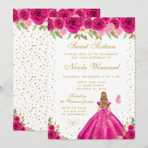 Hot Pink Floral Blonde Hair Princess Sweet Sixteen Invitation