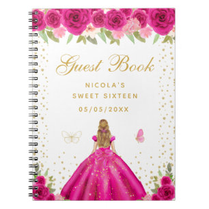 Hot Pink Floral Blonde Hair Princess Sweet Sixteen Notebook