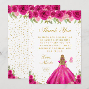 Hot Pink Floral Blonde Hair Princess Sweet Sixteen Thank You Card