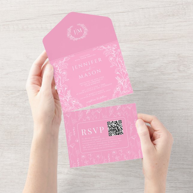 Hot pink floral bohemian wedding all in one invitation (Tearaway)