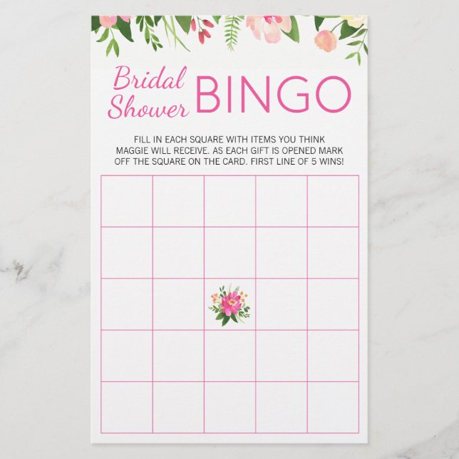 Hot Pink Floral Bridal Shower Bingo Game Flyer (Front)