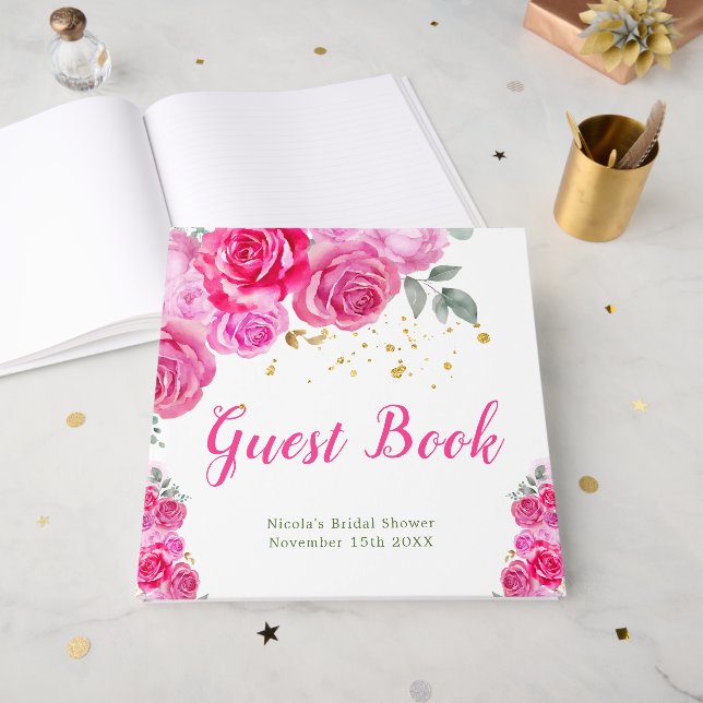 Hot Pink Floral Bridal Shower Guest Book (Front Open)