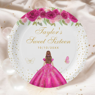 Hot Pink Floral Brown Hair Princess Sweet Sixteen Paper Plate