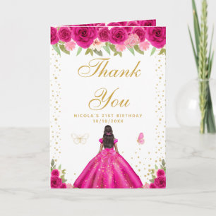 Hot Pink Floral Dark Skin Girl Birthday Thank You Card