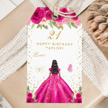 Hot Pink Floral Dark Skin Girl Happy Birthday Gift Tags<br><div class="desc">This elegant and glamourous happy birthday gift tag can be personalized with a name. The design features a beautiful princess with dark hair and dark skin in a hot pink ball gown. The text combines handwritten script and modern sans serif fonts for a classy and sophisticated look. The floral arrangements,...</div>