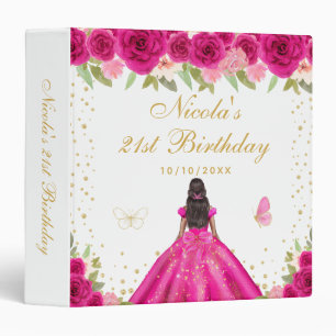 Hot Pink Floral Dark Skin Princess Birthday Party Binder