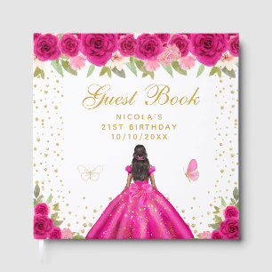 Hot Pink Floral Dark Skin Princess Birthday Party Guest Book