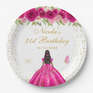 Hot Pink Floral Dark Skin Princess Birthday Party Paper Plate