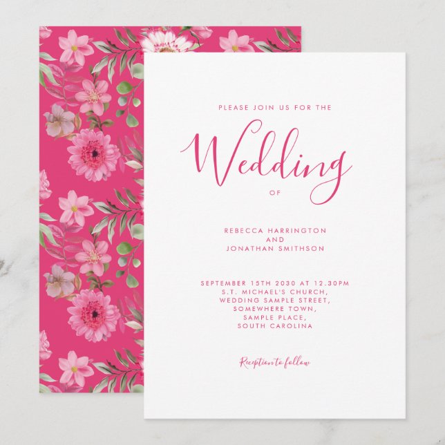 Hot Pink Floral Elegant Watercolor Wedding Invitation (Front/Back)
