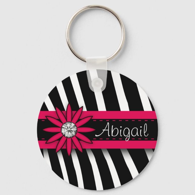 Hot Pink Floral Gem & Zebra Pattern Keychain (Front)