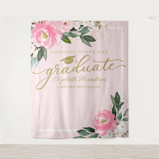 Hot Pink Floral Graduation Party Photo Backdrop Tapestry (Front)