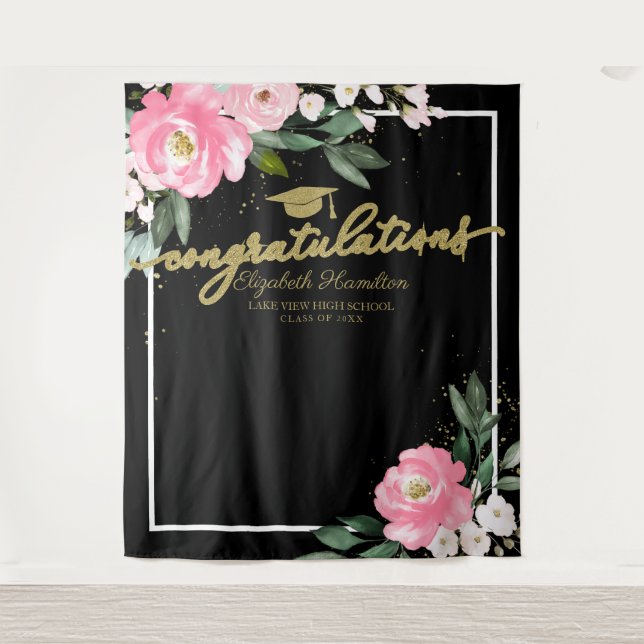 Hot Pink Floral Graduation Party Photo Backdrop Tapestry (Front)