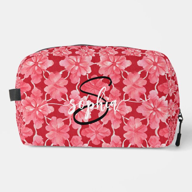 Hot Pink Floral Monogram Name Script Toiletry Bag (Front)