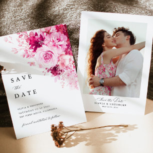 Hot Pink Floral Photo Back Wedding Save The Date