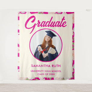 Hot Pink Floral Photo Graduation Fabric Banner Tapestry