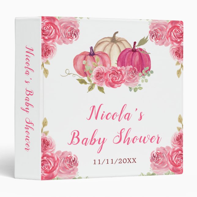 Hot Pink Floral Pumpkins Baby Shower Binder (Front/Spine)
