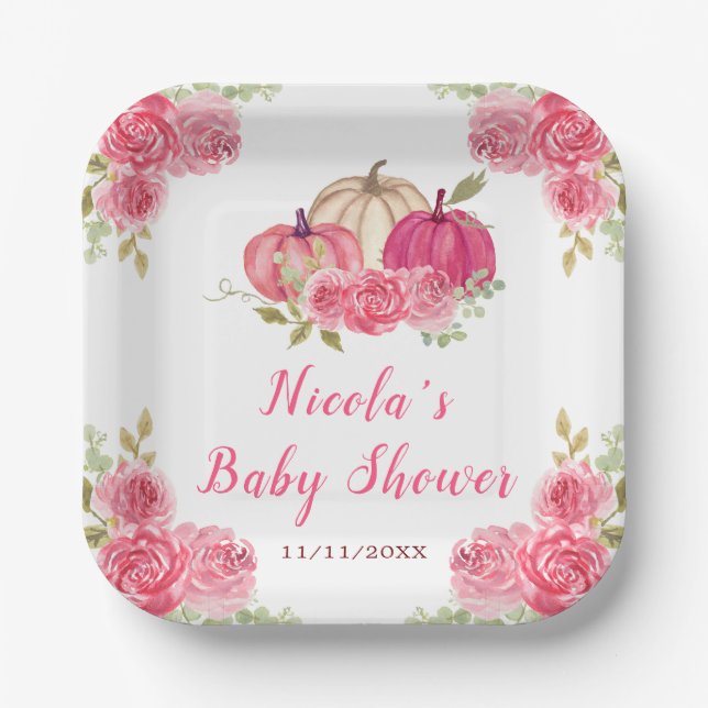 Hot Pink Floral Pumpkins Baby Shower Paper Plate (Front)