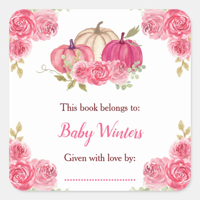 Hot Pink Floral Pumpkins Baby Shower Square Sticker (Front)