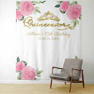 Hot Pink Floral Quinceanera Backdrop Tapestry