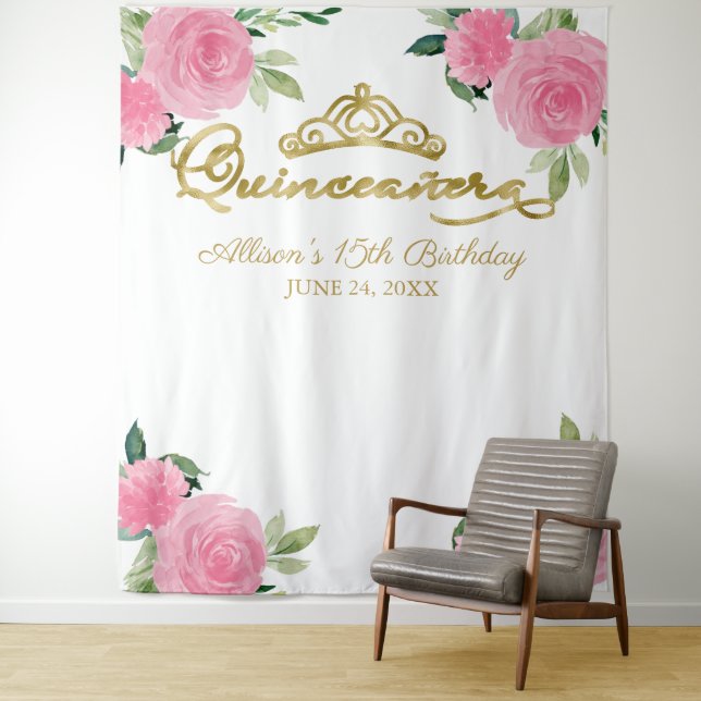 Hot Pink Floral Quinceanera Backdrop Tapestry (In Situ)