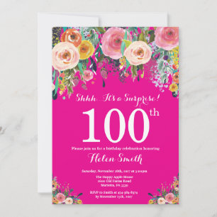 Hot Pink Floral Surprise 100th Birthday Invitation