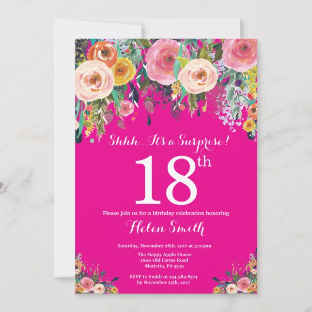 Hot Pink Floral Surprise 18th Birthday Invitation (Front)