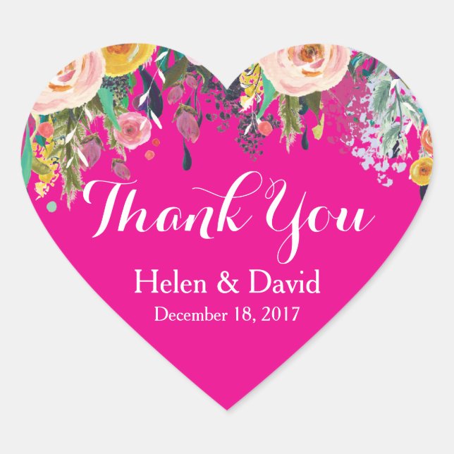 Hot Pink Floral Thank You Wedding Favour Stickers (Front)