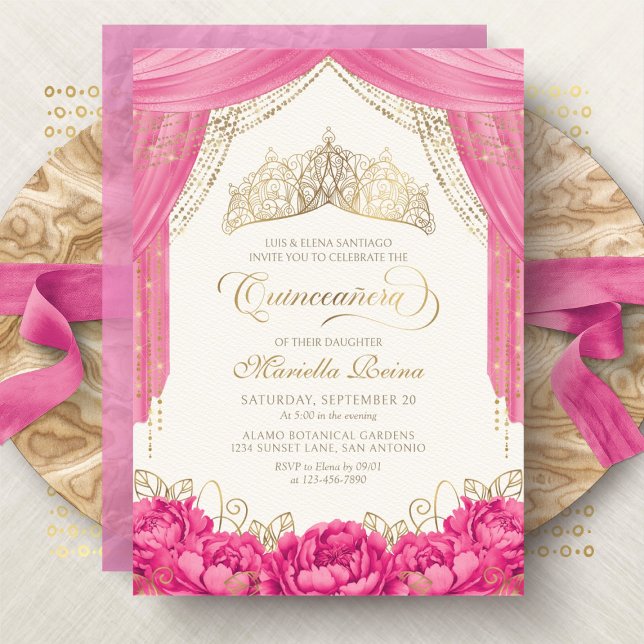 Hot Pink Floral Tiara Girly Quinceanera Invitation (Creator Uploaded)