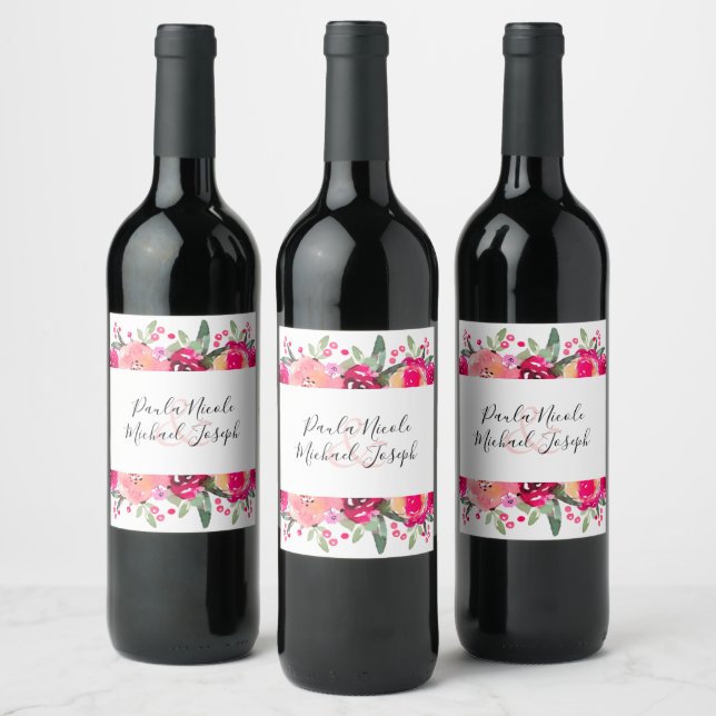 Hot Pink Floral Watercolor Wedding Wine Label (Bottles)